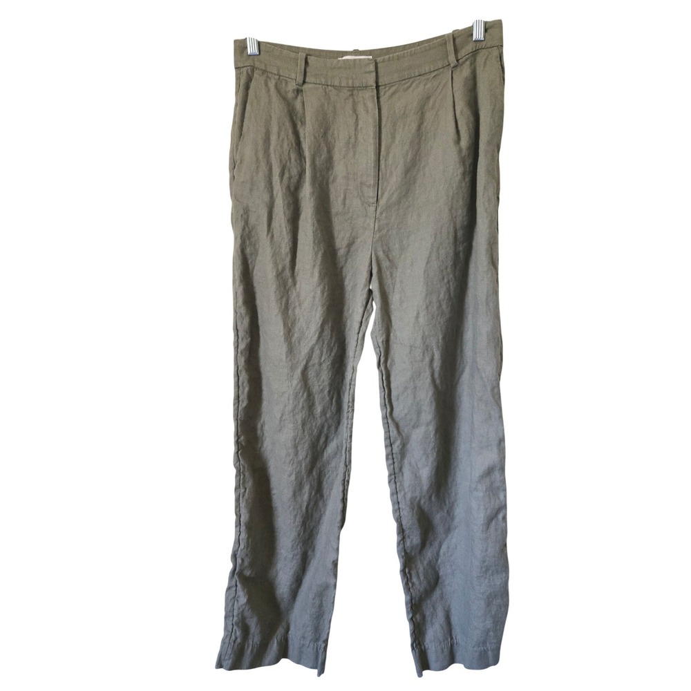 & Other Stories Stockholm Atelier Olive Green 100% Linen Pleated Pants Womens 8